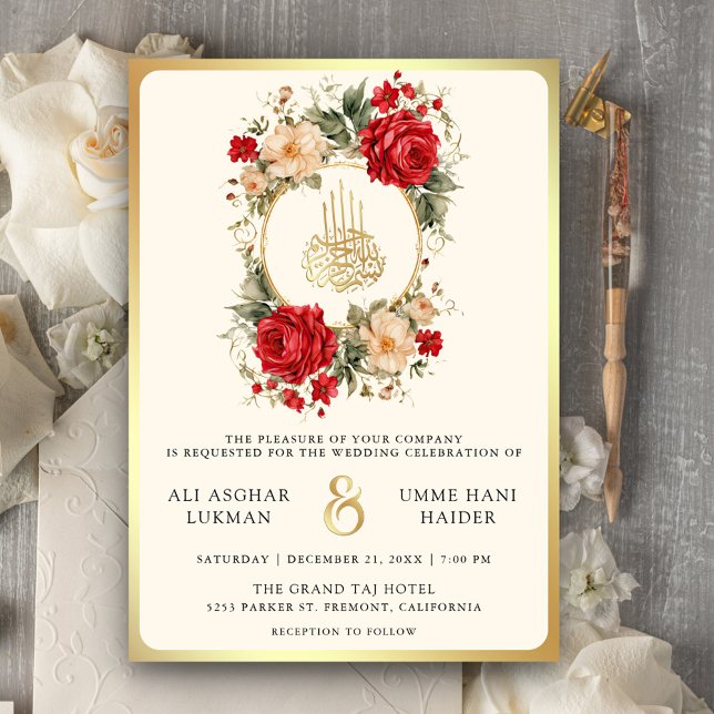 Red Roses Ivory Flowers Cream Gold Muslim Wedding Invitation (Creator Uploaded)