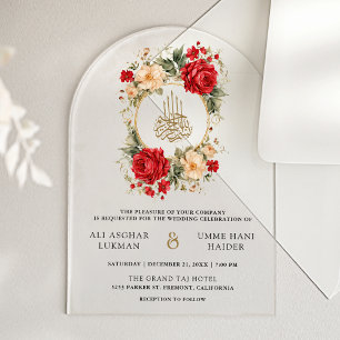 Red Roses Ivory Flowers Gold Muslim Wedding Acrylic Invitations