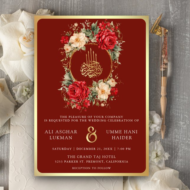 Red Roses Ivory Flowers Maroon Gold Muslim Wedding Invitation (Creator Uploaded)