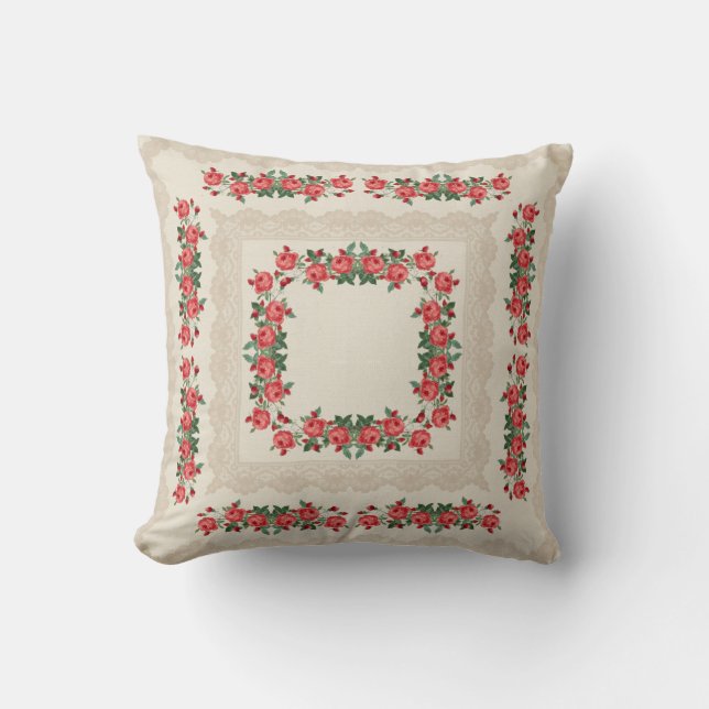 Red roses & lace flowering pillow (Front)