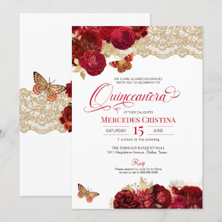 Red Roses & Lace Glamourous Butterfly Quinceañera  Invitation
