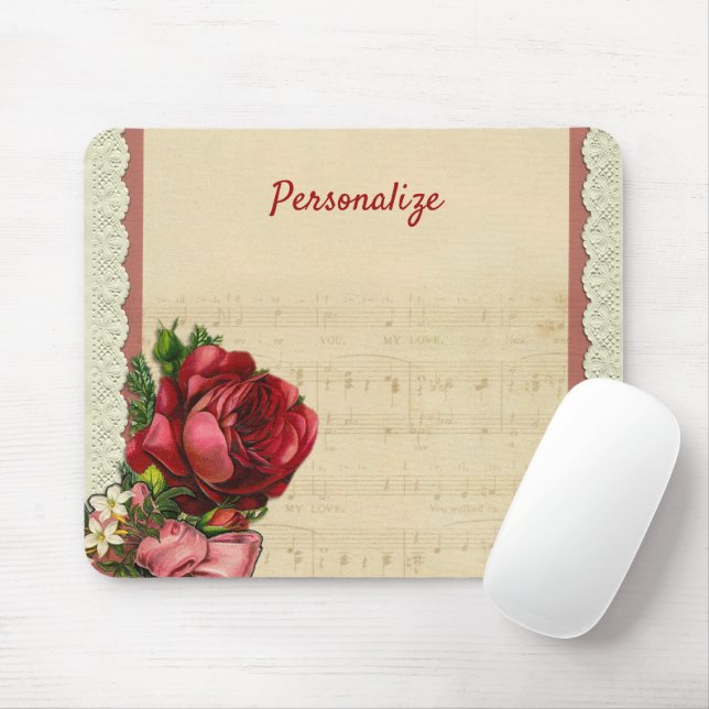 Red Roses, Lace & Sheet Music Personalise Mouse Pad (With Mouse)