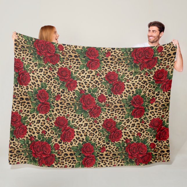 Red Roses Leopard print Pattern  Fleece Blanket (In Situ)