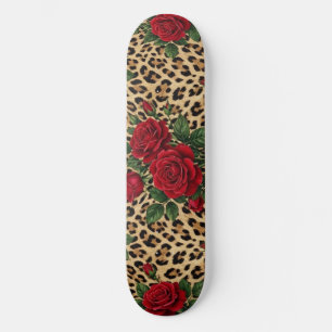 Red Roses Leopard print Pattern  Skateboard