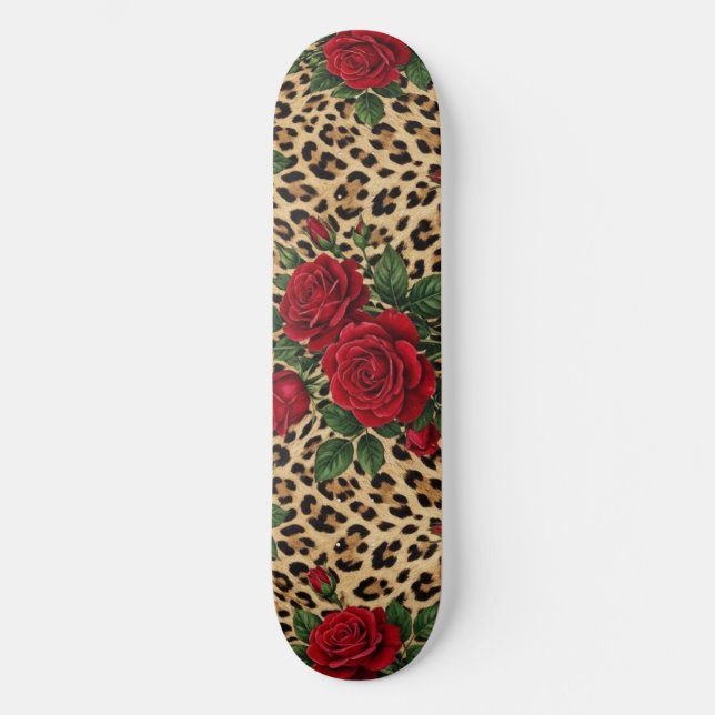 Red Roses Leopard print Pattern  Skateboard (Front)