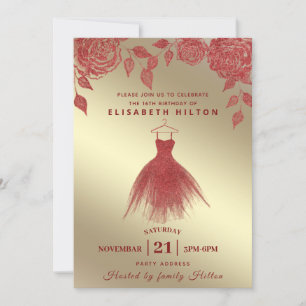 Red roses modern Glitter dress sweet sixteen Invit Invitation