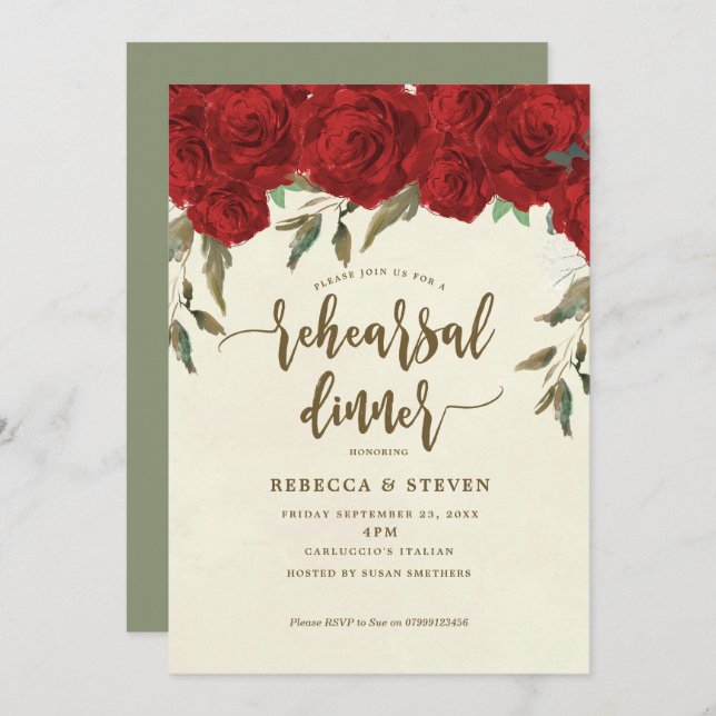 red roses modern rehearsal dinner invitation (Front/Back)
