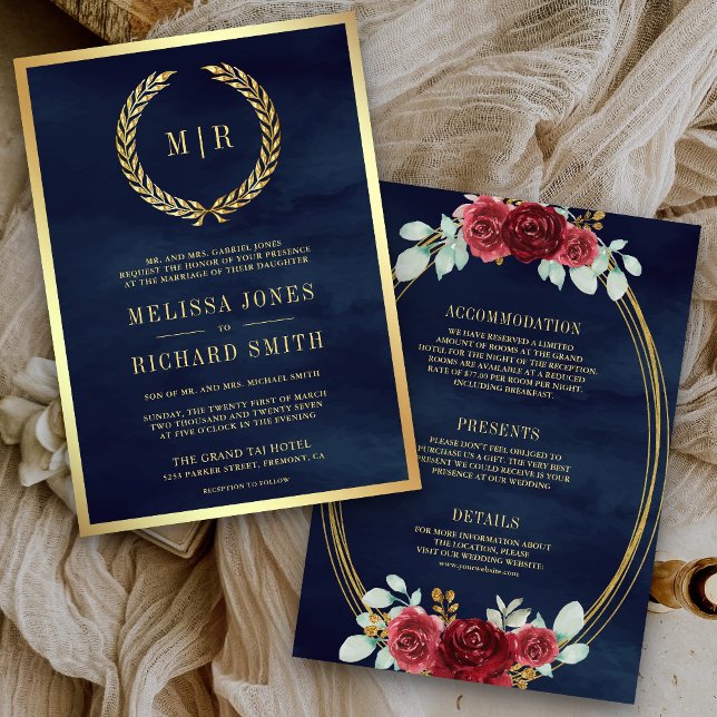 Red Roses Monogram All in One Navy Blue Wedding Invitation (Creator Uploaded)