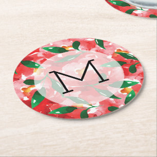 Red Roses Monogram Round Paper Coaster