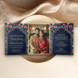 Red Roses Navy Blue Floral Gold Indian Wedding Tri-Fold Invitation