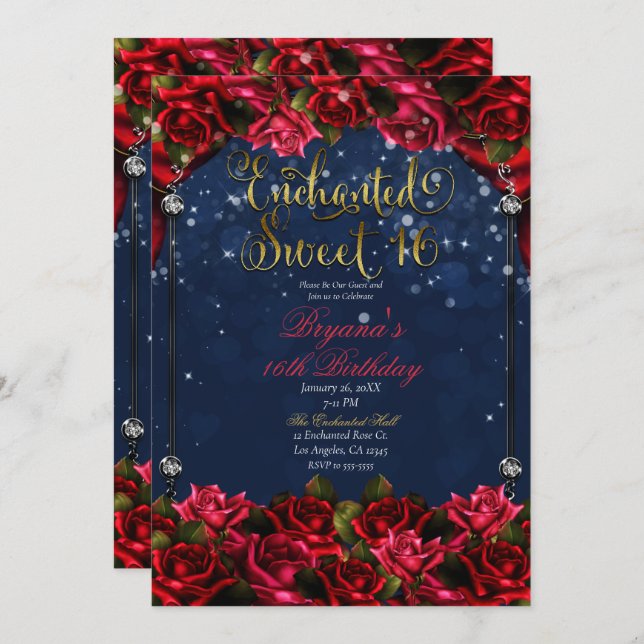 Red Roses Navy Blue Gold Enchanted Sweet 16 16th Invitation (Front/Back)