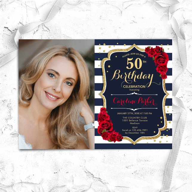 Red Roses Navy White Stripes Photo 50th Birthday Invitation (Creator Uploaded)