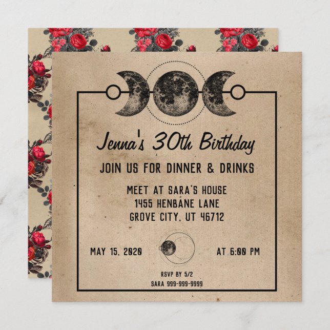 Red Roses New Age Cool Gothic Birthday Invites (Front/Back)