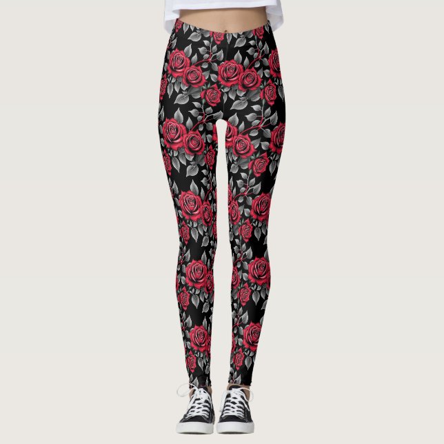 Red Roses On A Black Background Leggings (Front)