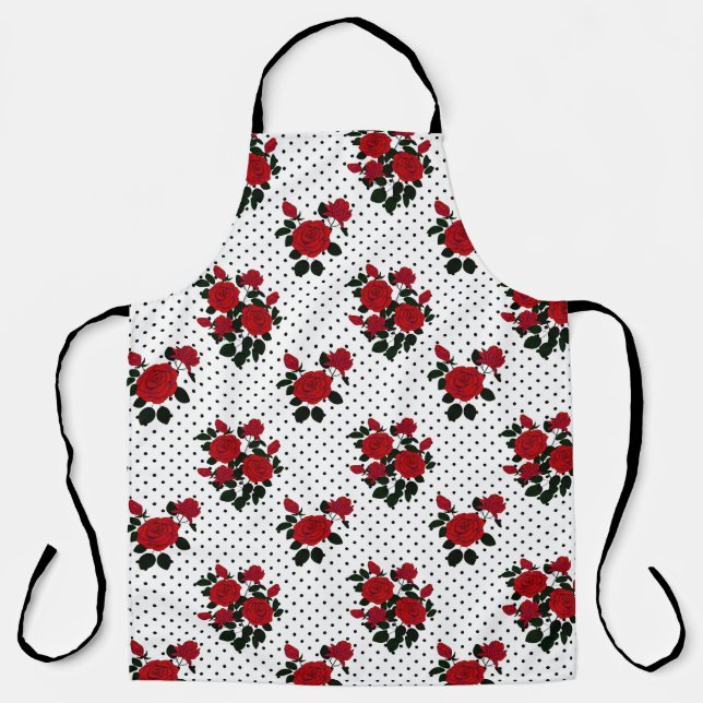 Red roses on a polka dot background.  apron (Front)