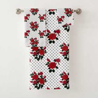 Red roses on a polka dot background. bath towel set