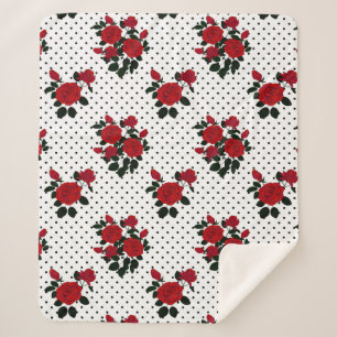 Red roses on a polka dot background.  sherpa blanket