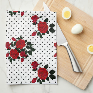 Red roses on a polka dot background. tea towel