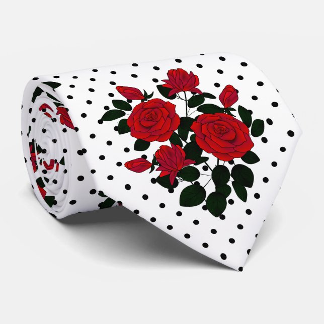 Red roses on a polka dot background. tie (Rolled)