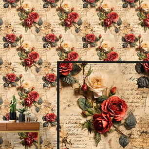 Red Roses on Antique Paper Book Parchment Wallpaper