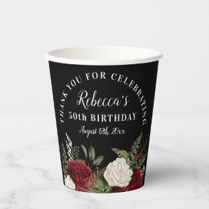 Red Roses on Black 50th Birthday Thank You Paper Cups