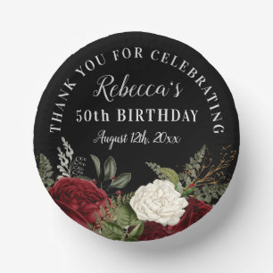 Red Roses on Black 50th Birthday Thank You Paper Plate