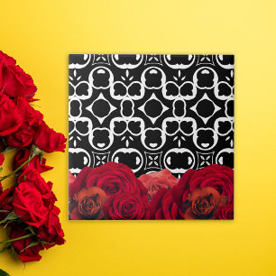 Red Roses On Black And White Geometric Pattern Tile