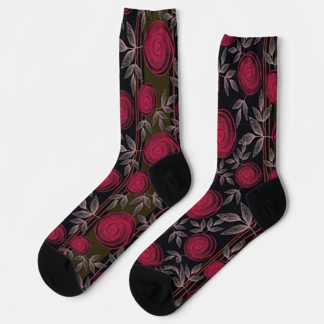 Red roses on black.  socks (Left)