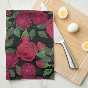 Red roses on black.  tea towel