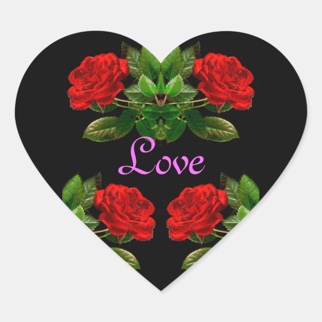 Red Roses on Black Velvet Floral Abstract Design Heart Sticker (Front)