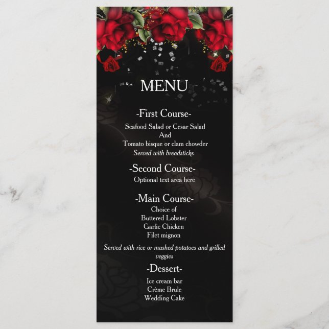 Red Roses on black Wedding Menu Card (Front)