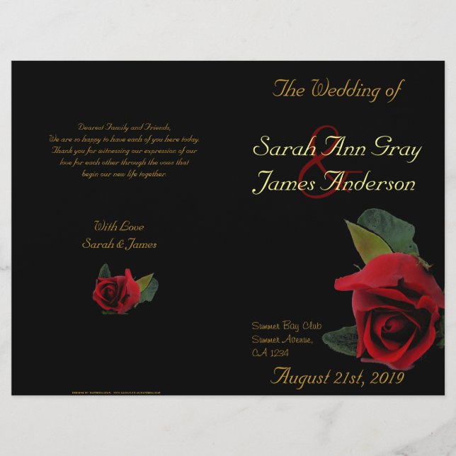 Red Roses on black wedding program (Front)