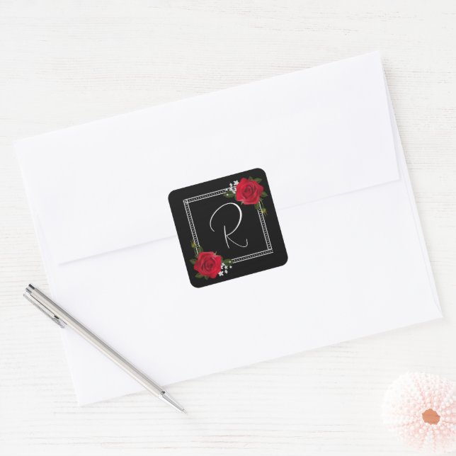 Red Roses on Black Wedding Square Sticker (Envelope)