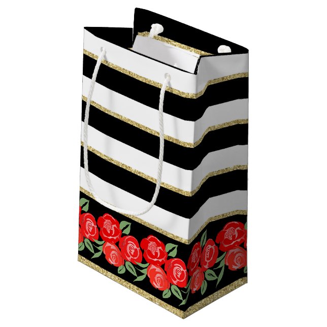 Red Roses on Black, White, Gold Gift Bag (Back Angled)