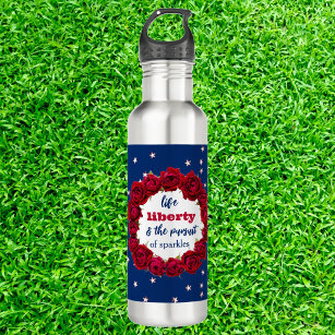 Red roses on blue starry background patriotic text 710 ml water bottle