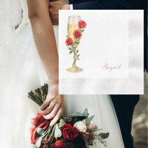 Red Roses on Champagne Personalised Name Coined Napkin