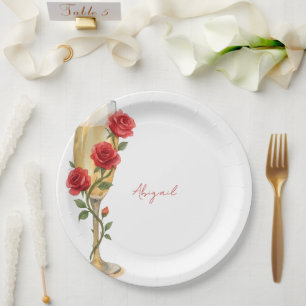 Red Roses on Champagne Personalised Name Paper Plate