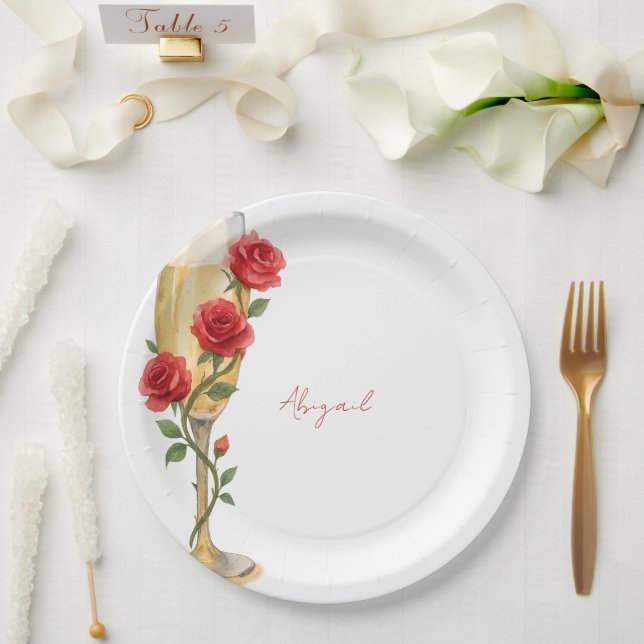 Red Roses on Champagne Personalised Name  Paper Plate (Wedding)
