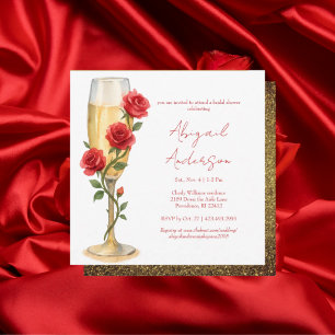 Red Roses on Champagne Square Glam Bridal Shower Invitation