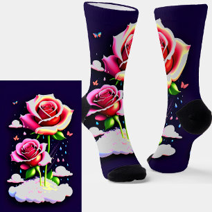 Red Roses on Cloud & Butterfly on Dark Blue Socks