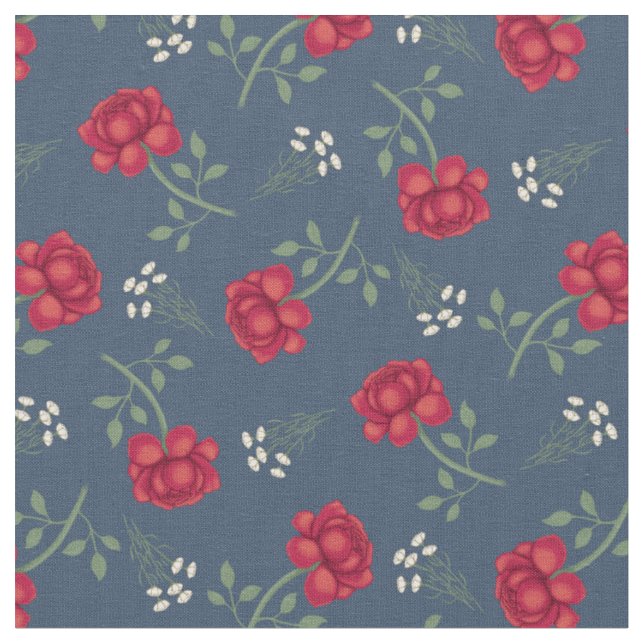 Red Roses on Dusky Blue Calico Fabric (Close Up)