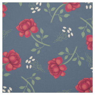 Red Roses on Dusky Blue Calico Fabric