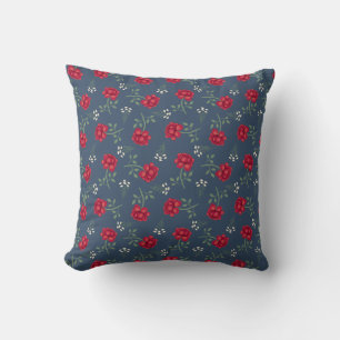 Red Roses on Dusky Blue  Oversized Calico  Cushion