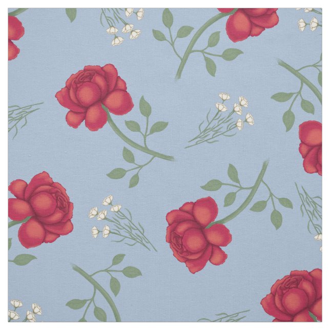Red Roses on Light Blue Oversized Calico Fabric (Swatch)