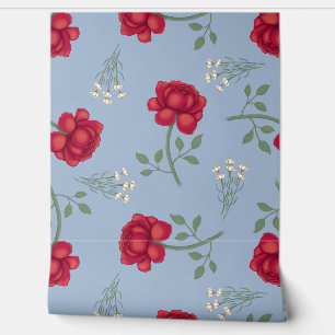Red Roses on Light Blue Oversized Calico Wallpaper