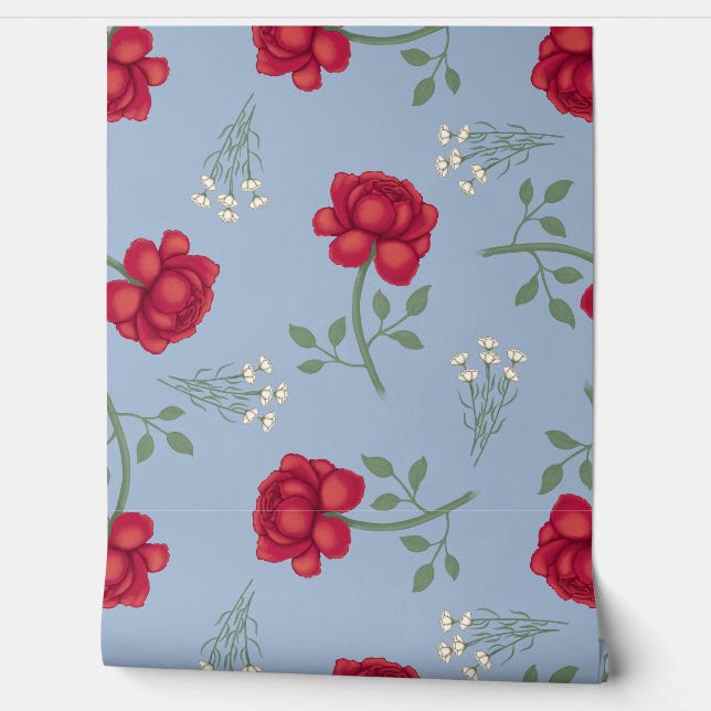 Red Roses on Light Blue Oversized Calico Wallpaper (Unrolling)