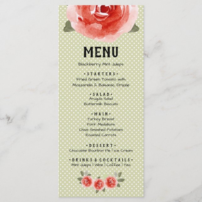 Red Roses on Lime & White Dots Menu Cards (Front)