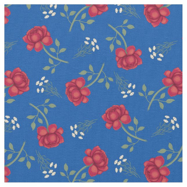 Red Roses on Medium Blue Calico Fabric (Close Up)