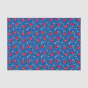 Red Roses on Medium Blue Oversized Calico Tissue Paper