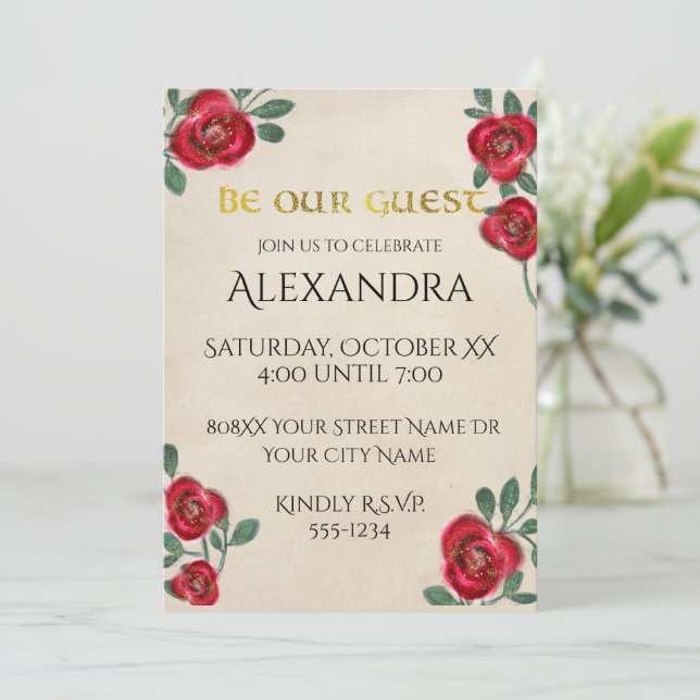 Red Roses on Parchment Paper Invitation (Standing Front)